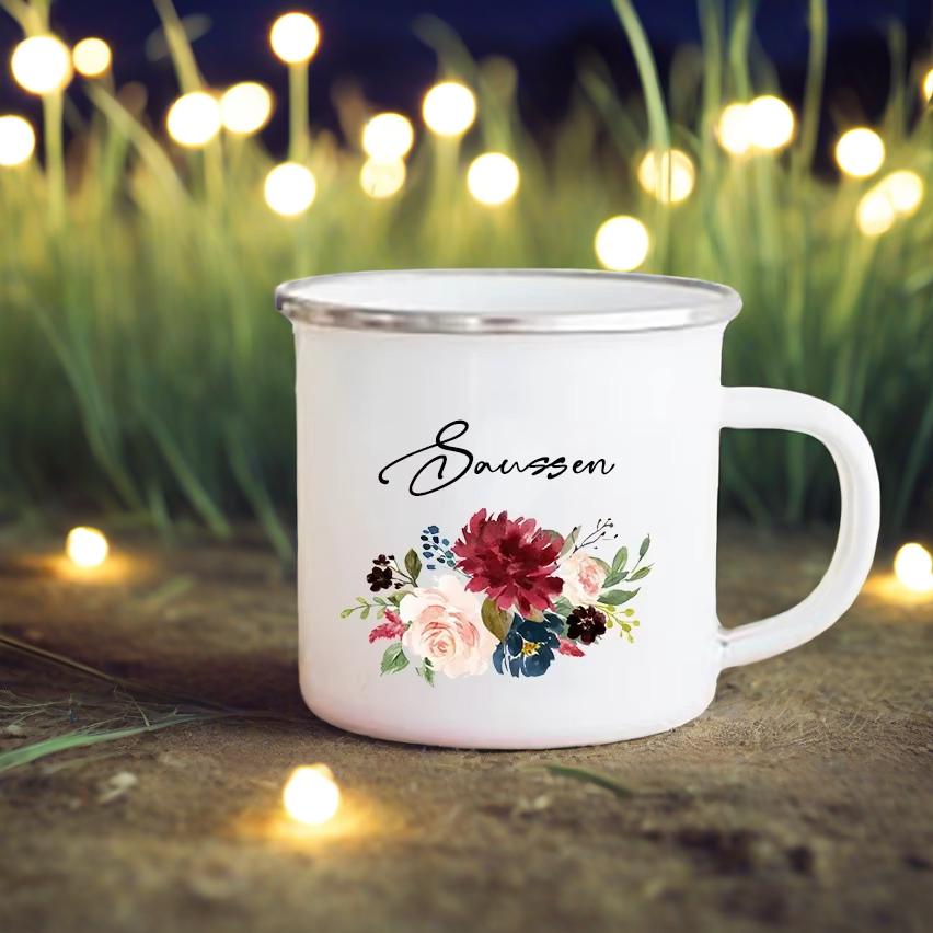 Personalized Flower Custom Name Enamel Mugs Summer Outdoor Coffee Juice Mug Picnic Camping Handle Cup Teacher Mother Friend Gift
