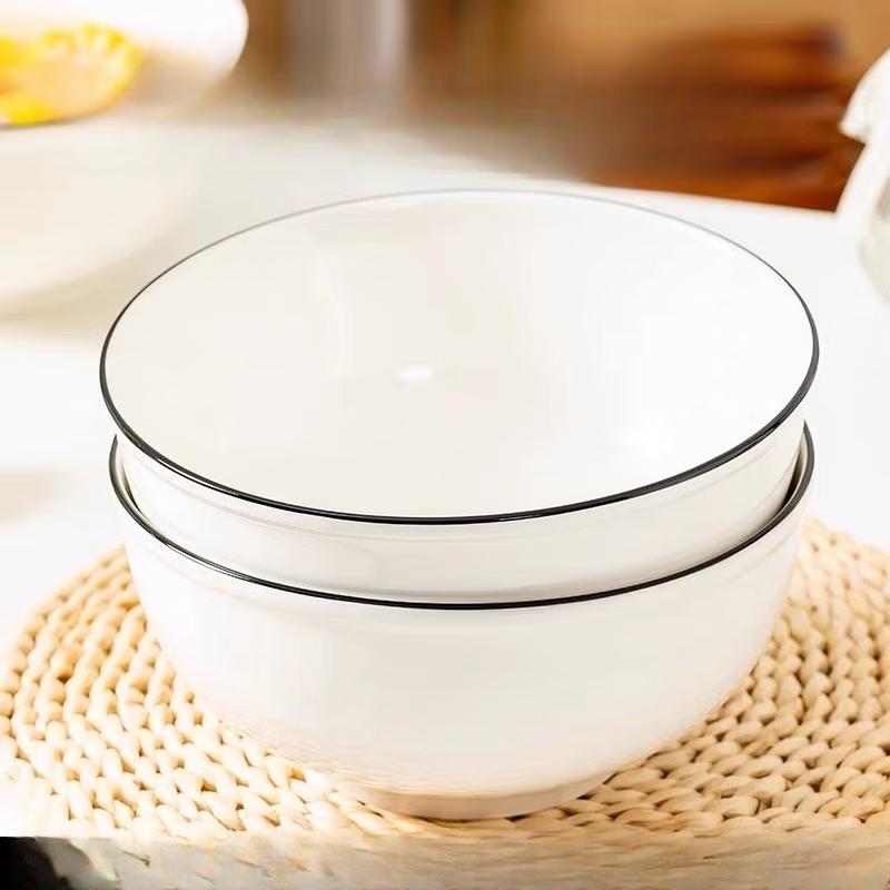 Elegant White Ceramic Round Bowl with Black Line Rim