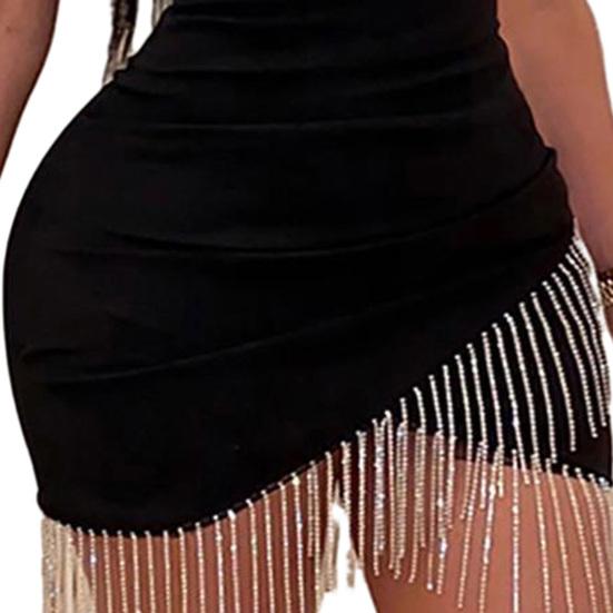 Kadın Elbise Backless Kolsuz Sıska Dekolte Düz Renk Spagetti Kayışı Elastik Sıkı Bel Püskül Strappy Elbise Yaz Kulübü Parti Mini Elbise