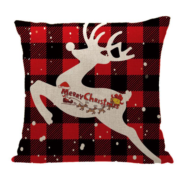 Red Plaid Sofa Linen Christmas Pillow Cover Reindeer Snowflake Home Cushion Cover