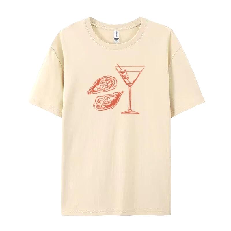 Martini Oyster Print 90s Retro Graphic Tees Women Grunge Streetwear T-Shirts Cocktail Food Shirt Vintage Y2k Aesthetic Clothes