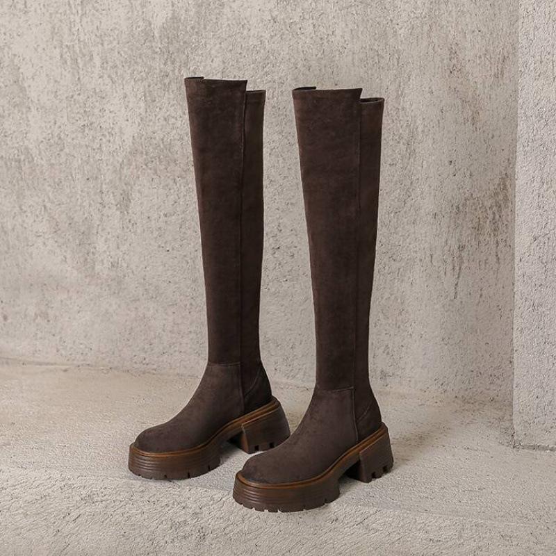 Herbst- und Winter-Wildleder-Stretch-Kniestiefel, neue hochhackige, dicksohlige, rutschfeste Damenstiefel mit runder Spitze, koreanische Version in großen Größen Marti