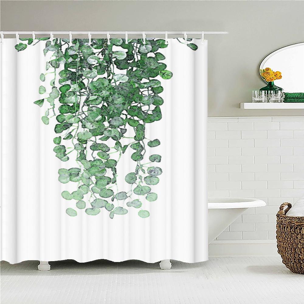 Waterproof Fabric Shower Curtain Printing Fresh Green Plant Leaves Bathroom Curtains Polyester Decoration Bath Screen with Hooks