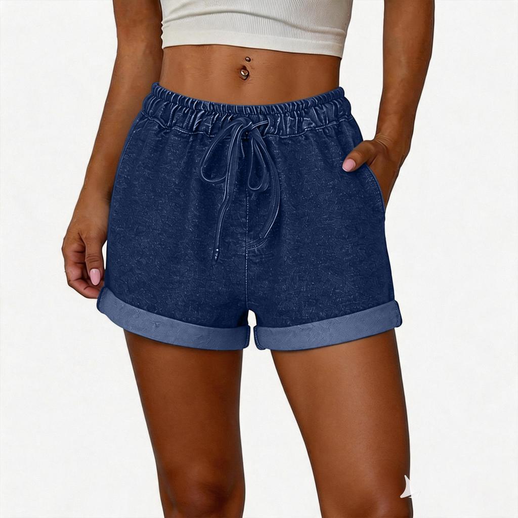 Women Casual Loose Fit Denim Shorts with Elastic Waistband Adjustable Drawstring and Rolled Hem for Daily Wear