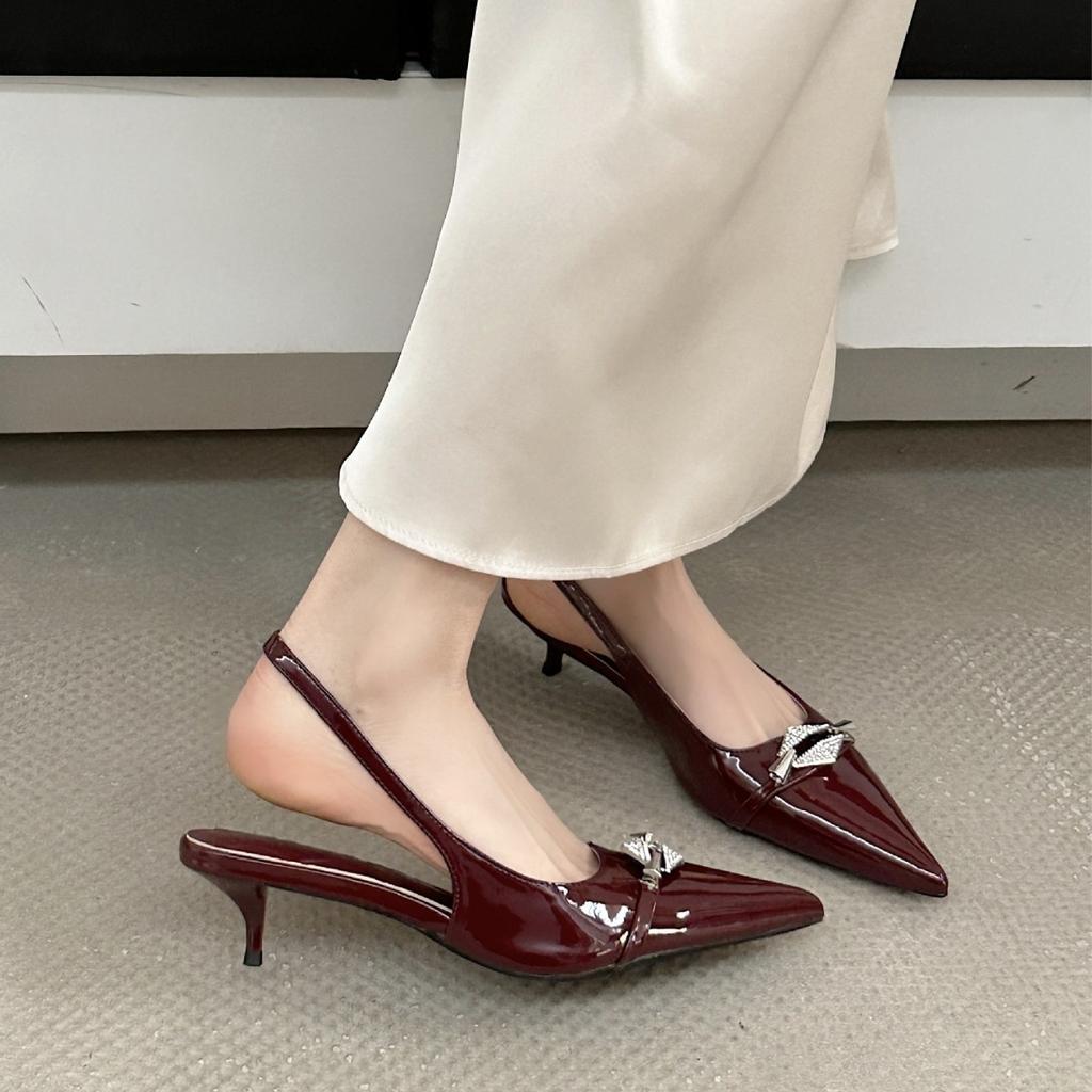 Spring New French Rhinestone Buckle Pointed Head Thin Heel High Heel European and American Fashion Bag Head Women's Shoes Rear Empty Women's Sandals