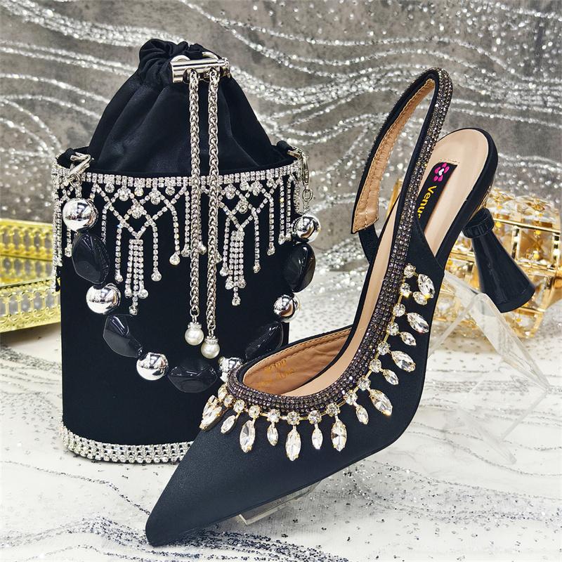 

IPPEUM Женские босоножки на высоком каблуке Большой размер 43 Обувь и сумка в комплекте Стразы Вечерние сандалии для женщин 270 чёрный