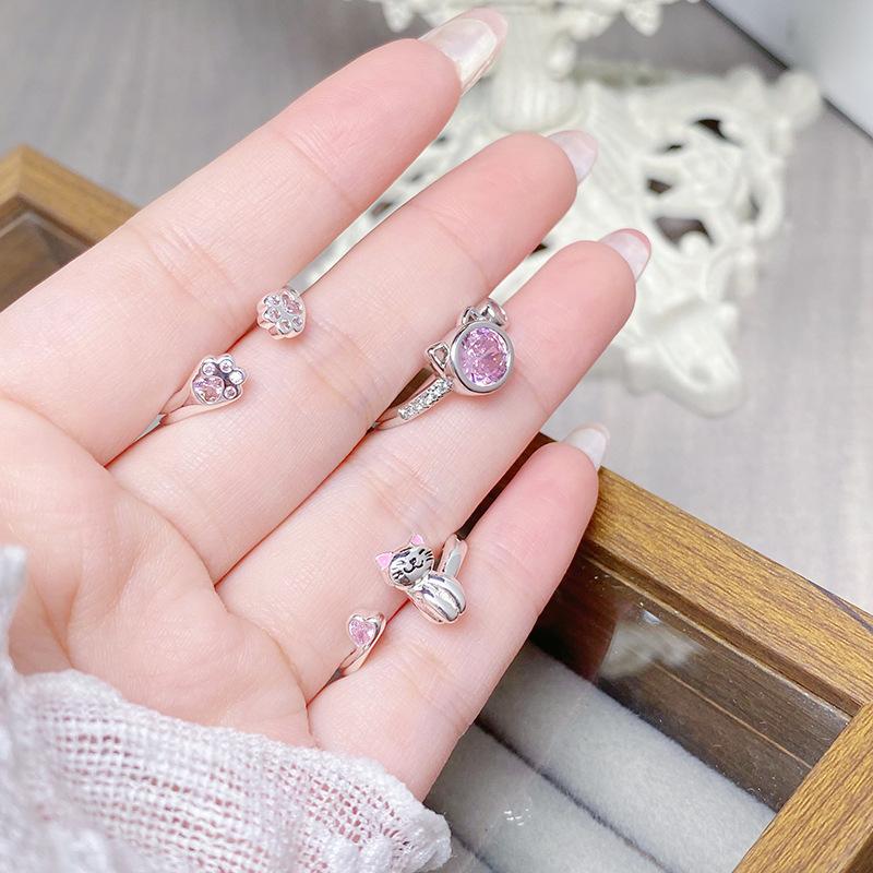 [Pink Meow Ring] Kitten Cat Claw Cartoon Cute Opening Ring Pink Zircon Stacked Wearing Girlfriend Ring Woman
