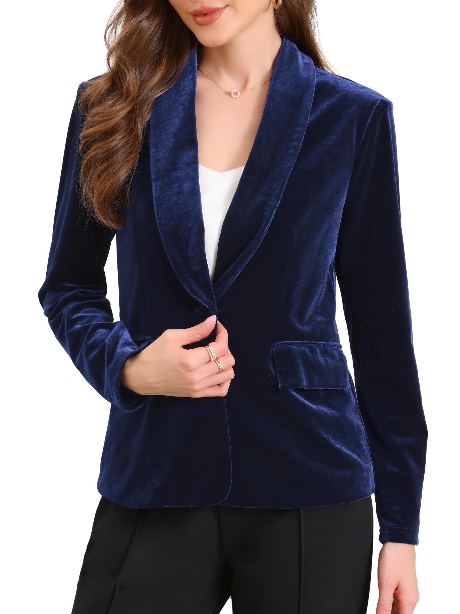 

Женский бархатный блейзер Allegra K, шалевый воротник, длинный рукав, застежка на пуговицы, пиджак для делового костюма, королевский синий, размер M