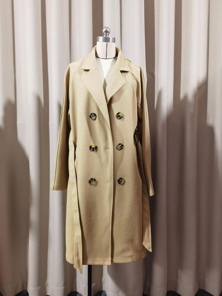 2025 Damen Zweireihiger Extra Langer Woll-Trenchcoat mit Drachen- & Phönix-Design, Unifarben, Reverskragen