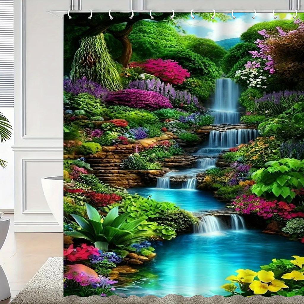 Beautiful Garden Waterfall Shower Curtain Floral Landscape Nature Art Greenery Decor Waterproof Fabric Bath Curtain Set Home