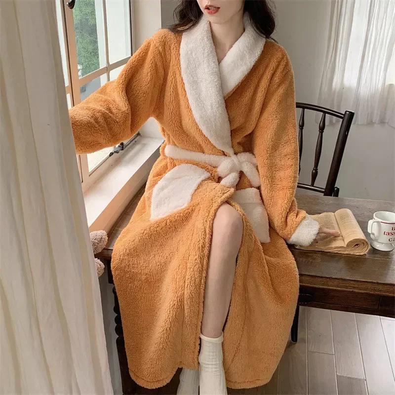 Female Autumn and Winter Warm Long Coral Velvet Thick Bath Bathrobes Nightgown Women Pajamas Shower Robe Bath Towels For Adults