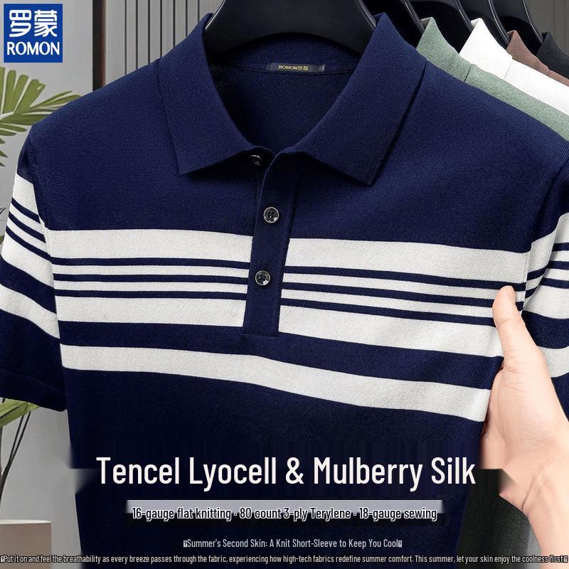 ROMON Men's Lyocell Silk Blend Striped Polo Shirt