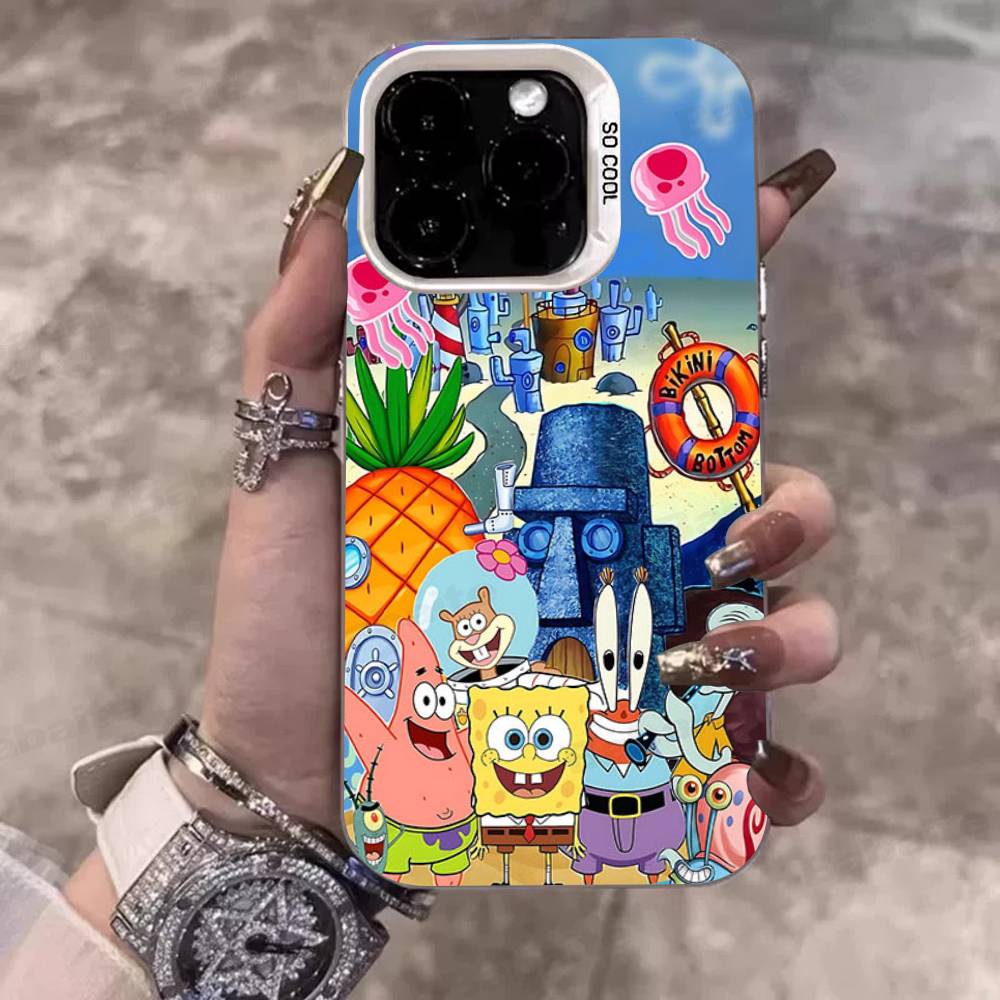 Cartoon Niedlich S-SpongeBob Anime Handyhülle Für IPhone 17 16 15 14 11 12 13 Pro Max Pro Plus Farbige Silberne Hülle