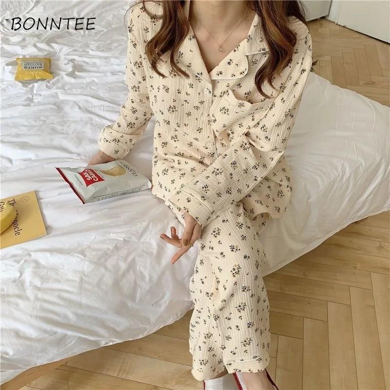 Pyjama-Set für Damen mit Knopfleiste, süß, langärmelig, Hose, Cartoon-Muster