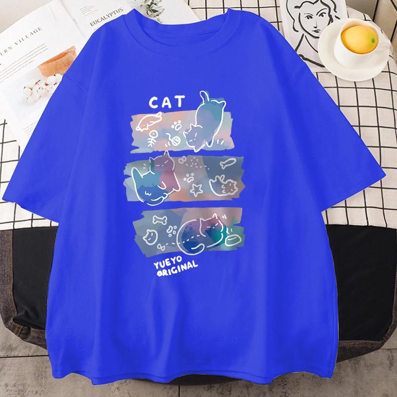 Fun Mischievous Cat Print Japanese Style T-Shirts Men Women Fashion Tshirs Breathable Summer T-Shirts Cotton Loose Tee Clothes