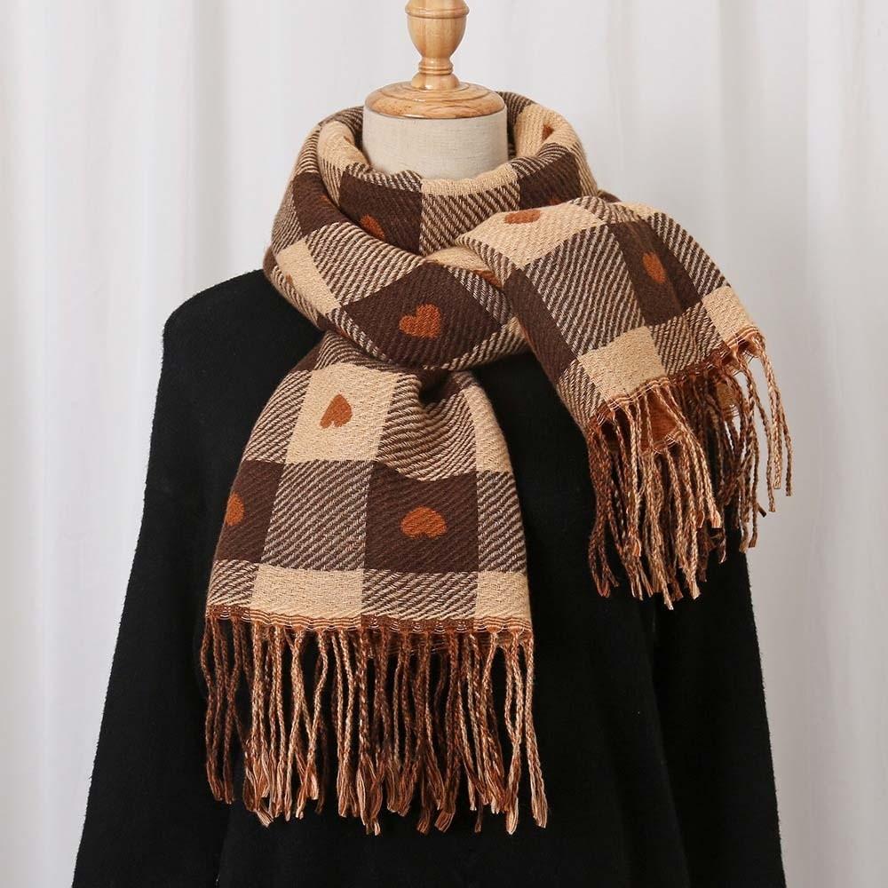 Warmer Plaid Knitted Scarf Long Tassel Shawl Korean Style Heart Thickened Scarf Winter