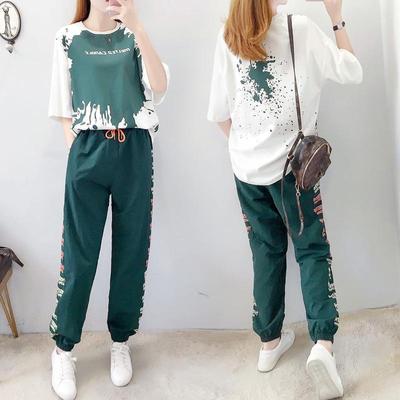 Women's Sports Suit Two Piece Set Loose Casual Wear Short Sleeve O-collar Top And Pants Tracksuit