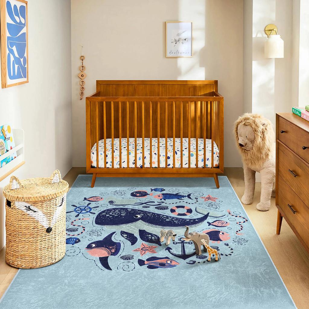 Orca Interactive Play Rug Whale Creative Learning Carpet Beluga Rug Ocean Giant Fish Playroom Mat Anti Slip Mat for Kid Playroom
