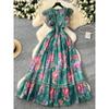 French Style Elegant Dress Women 2025 New Retro Lace Stitching Waist Hugging Temperament Print Frill Long Skirt