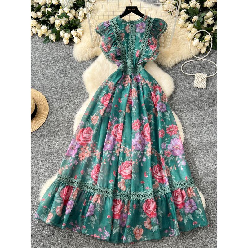 French Style Elegant Dress Women 2025 New Retro Lace Stitching Waist Hugging Temperament Print Frill Long Skirt
