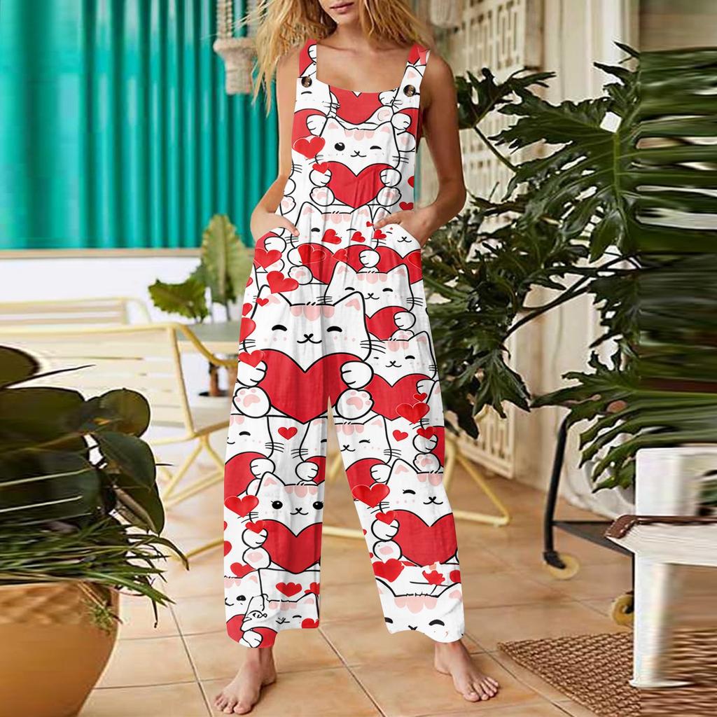 Damen Herzförmiger Print Lässige Lockere Retro Overalls Baumwolle und Leinen Einteiler Hose