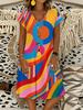 Robe d'été décontractée à manches courtes et col en V pour femme, style vacances, imprimé géométrique abstrait, coupe évasée, longueur midi, pour la plage et le voyage