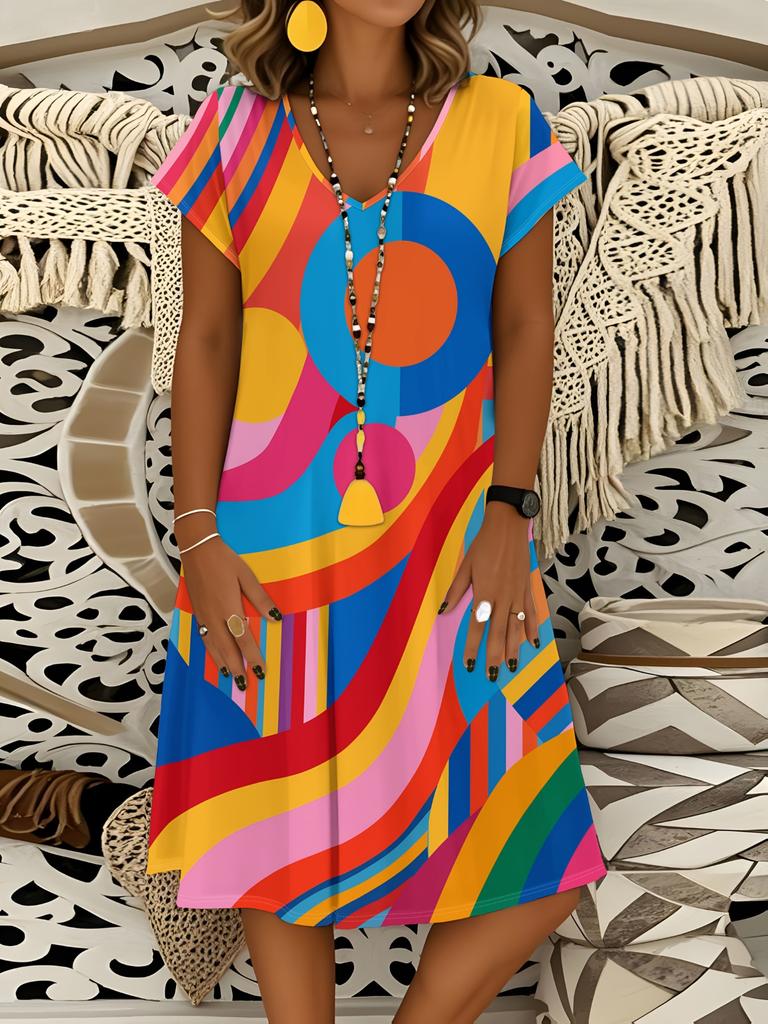 Robe d'été décontractée à manches courtes et col en V pour femme, style vacances, imprimé géométrique abstrait, coupe évasée, longueur midi, pour la plage et le voyage