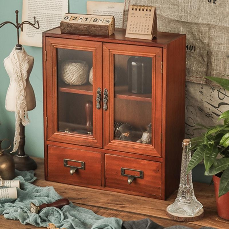 Wooden Desktop Organizers Cabinet with Glass Door for Cosmetics, Stationery, Small Kitchen Items and Decors Use
