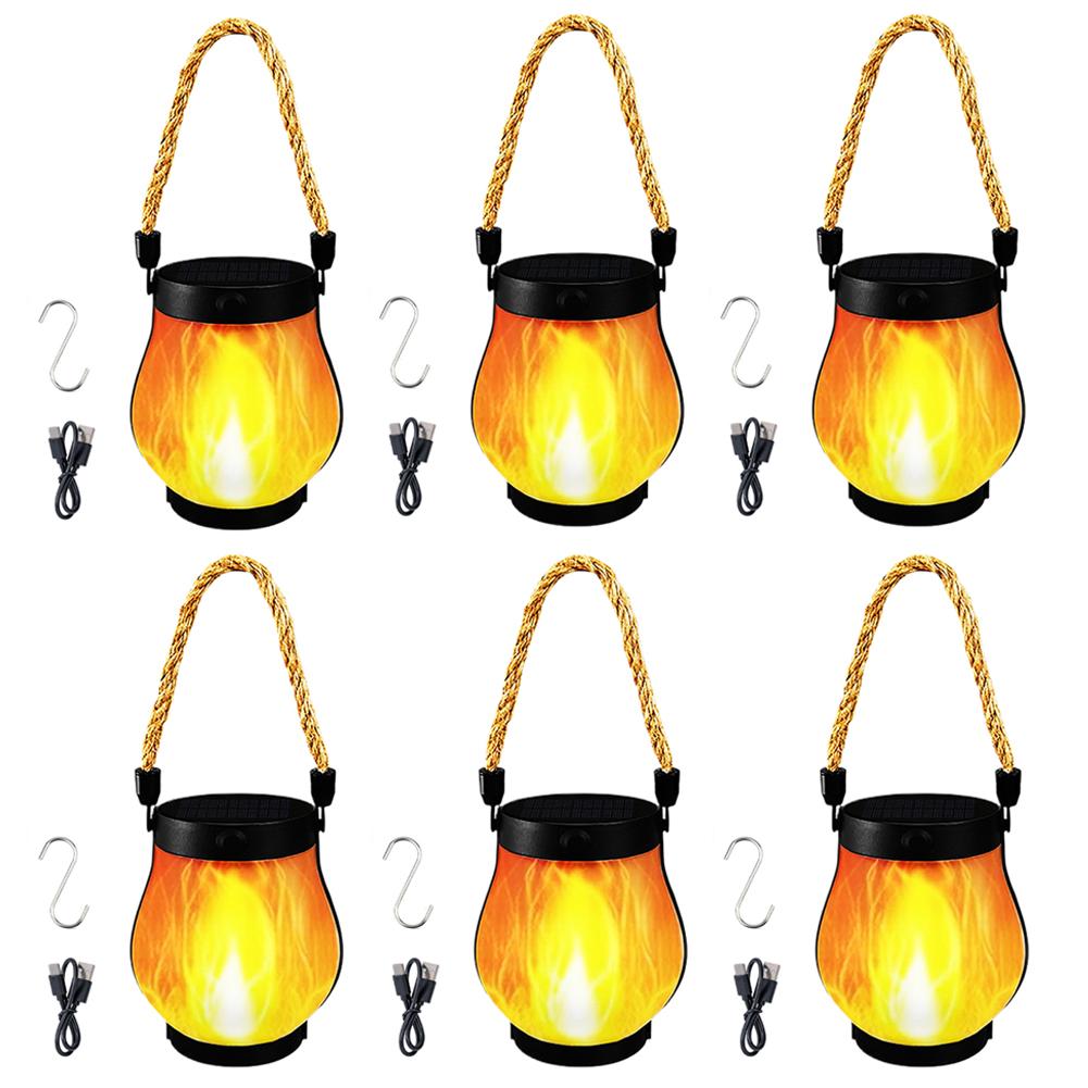 Solar Flame Light Rechargeable Hanging Courtyard Decoration Garden Lantern Lighting Lamp with Hemp Rope Outdoor Camp Decor Lamp
