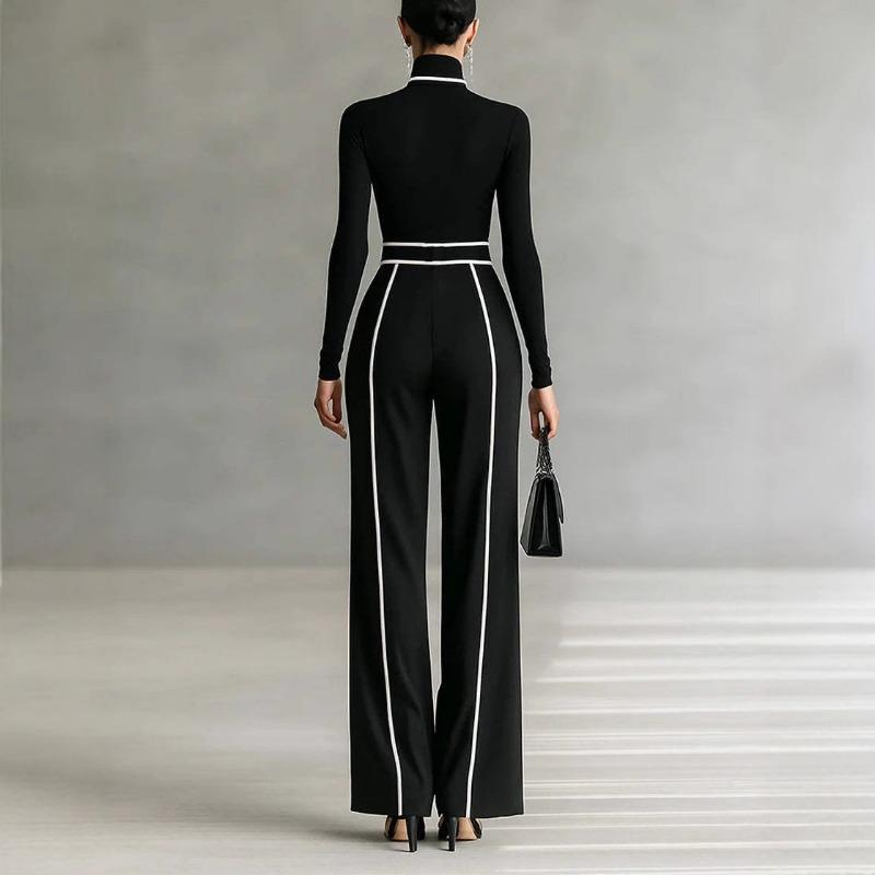 Women S Elegant Stand Collar Contrast Trim Waist Slimming 1 2 Sleeve Knit Wide Leg Pants Two Piece Set