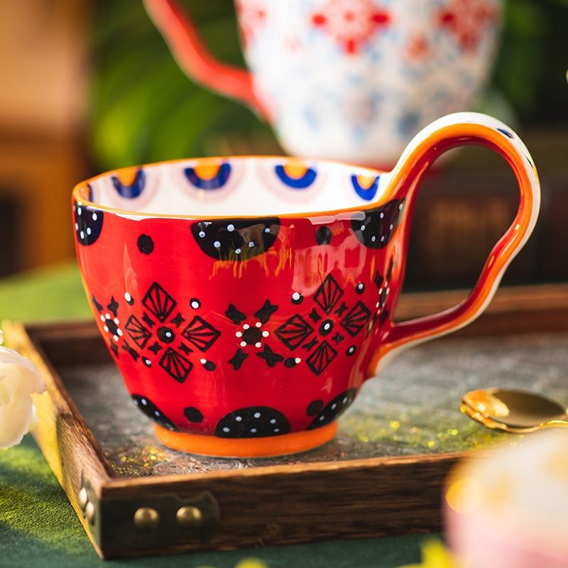 Flower Song Handle Cup Ceramic Water Cup Household Breakfast Cup Mug High Value Cup Couple Cup