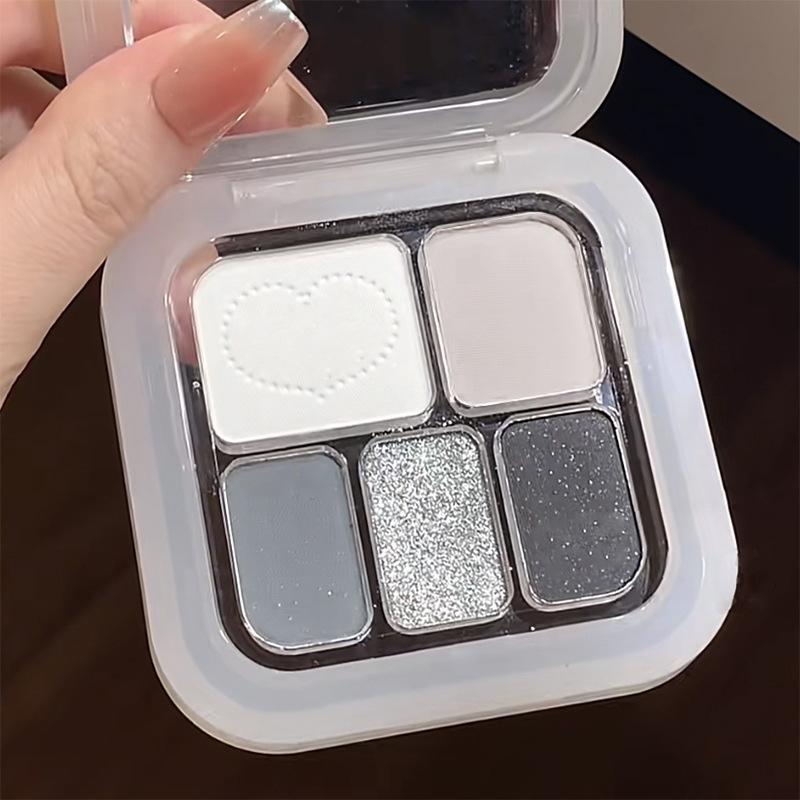 Korean Five-color Eyeshadow & Blush Palette, Pearlescent Matte Bright Ground Color, Smoky Black & White, Cement Grey, Portable