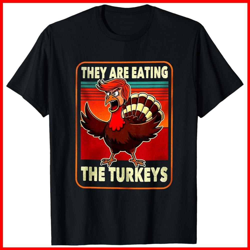 Они едят индейку Забавный Дональд Трамп День благодарения Черная хлопковая футболка Унисекс футболка XL
