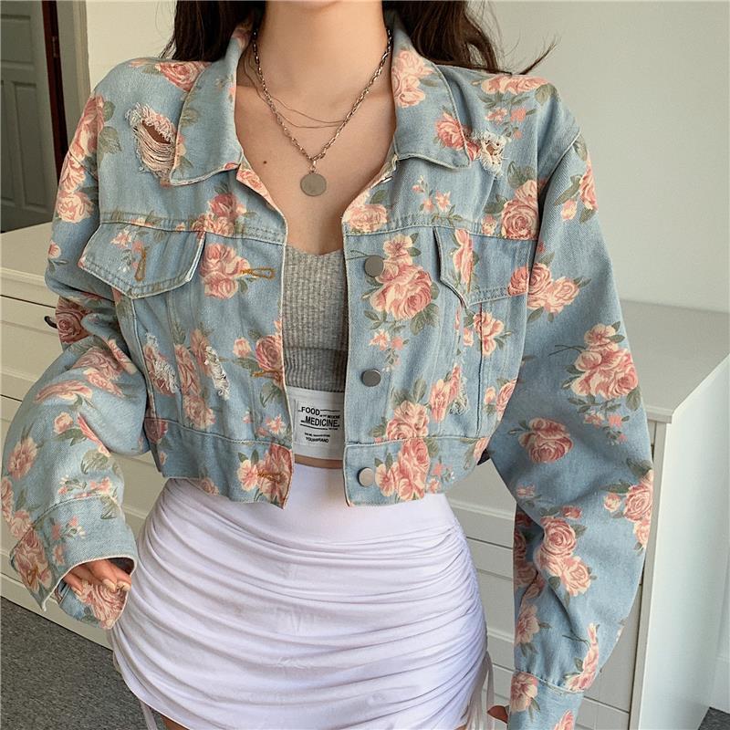 

Джинсовая куртка с цветочным принтом. Женская тонкая куртка с короткими рукавами во французском стиле ретро. Весеннее и летнее пальто. S синий