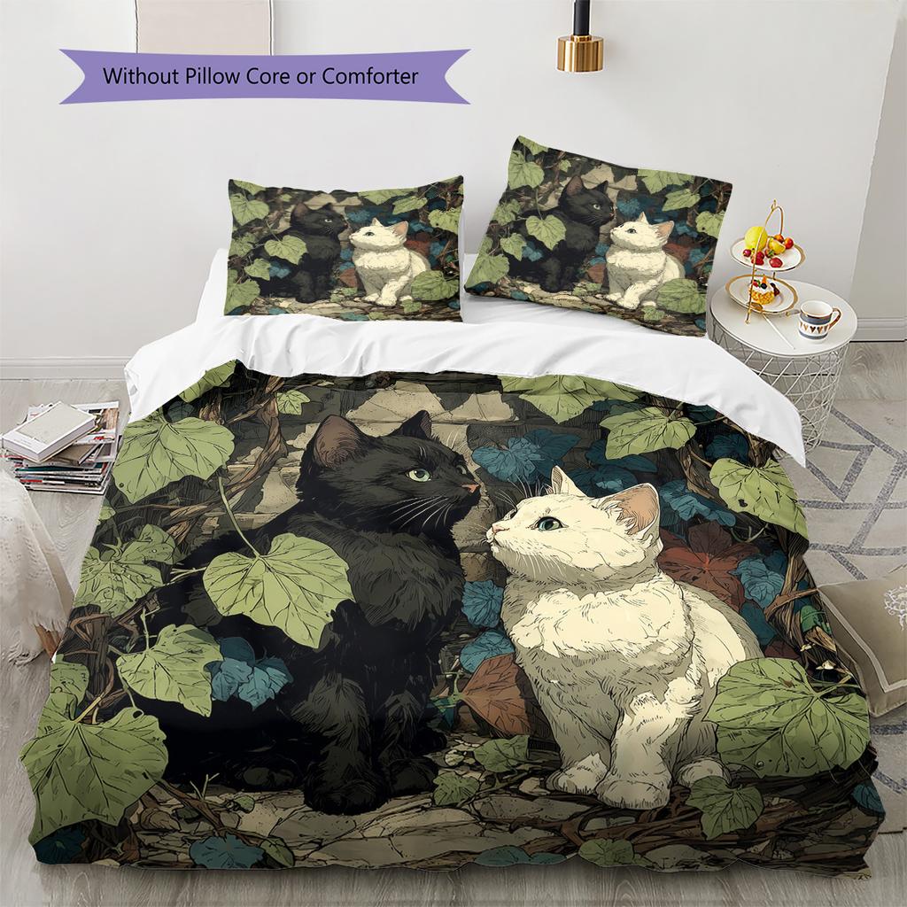 Leaf Cat Pattern Bedding Quilt Set Home Decoration Gift (1 * duvet cover + 2 * pillowcase without core)