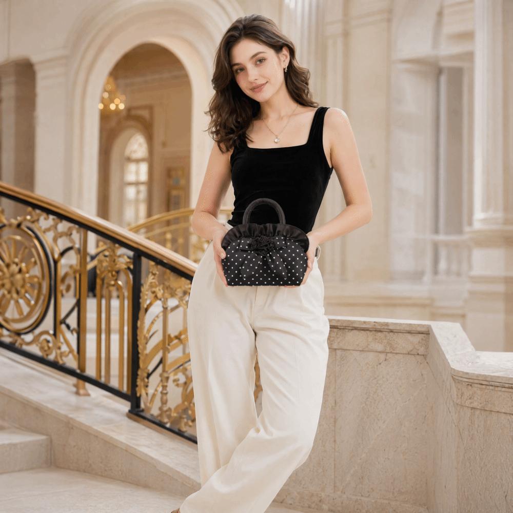 Portable Bowknot Handbag Lightweight Polka Dots Purse Fashion Nylon Top Handle Handbag Summer