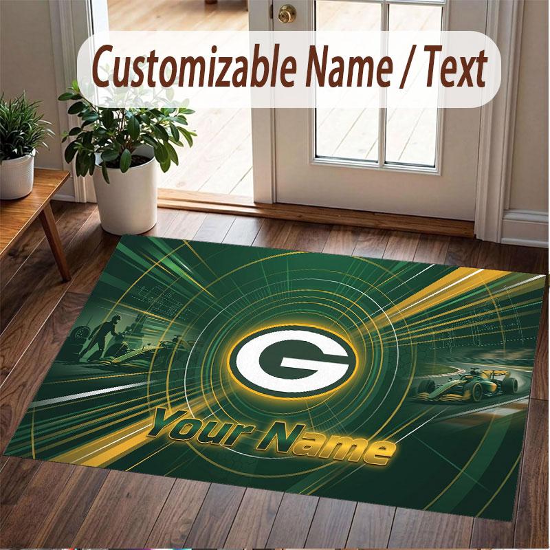 Custom Rug Green Bay Packers Pattern Print Name Text Soft Non‑Slip Floor Carpet for Home Indoor Decoration