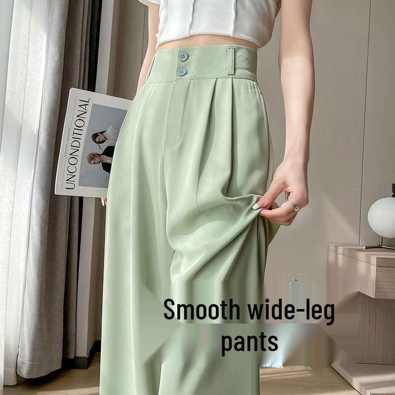 Women s Green Ice Silk High-Waisted Wide-Leg Chiffon Pants for Summer Green Petite Fabric