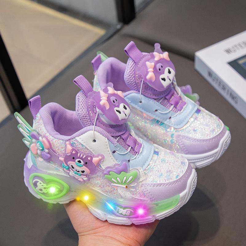 Girl Cartoon Rotating Button Sneakers - New Style with Soft Sole and Illuminated Shoes
