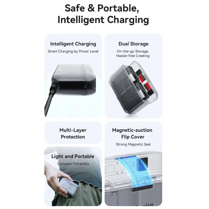 Portable Charging Case With Magnetic Closure Intelligent Protections System Double Slot For Action 5Pro/4/3/Osmo360 Batteries