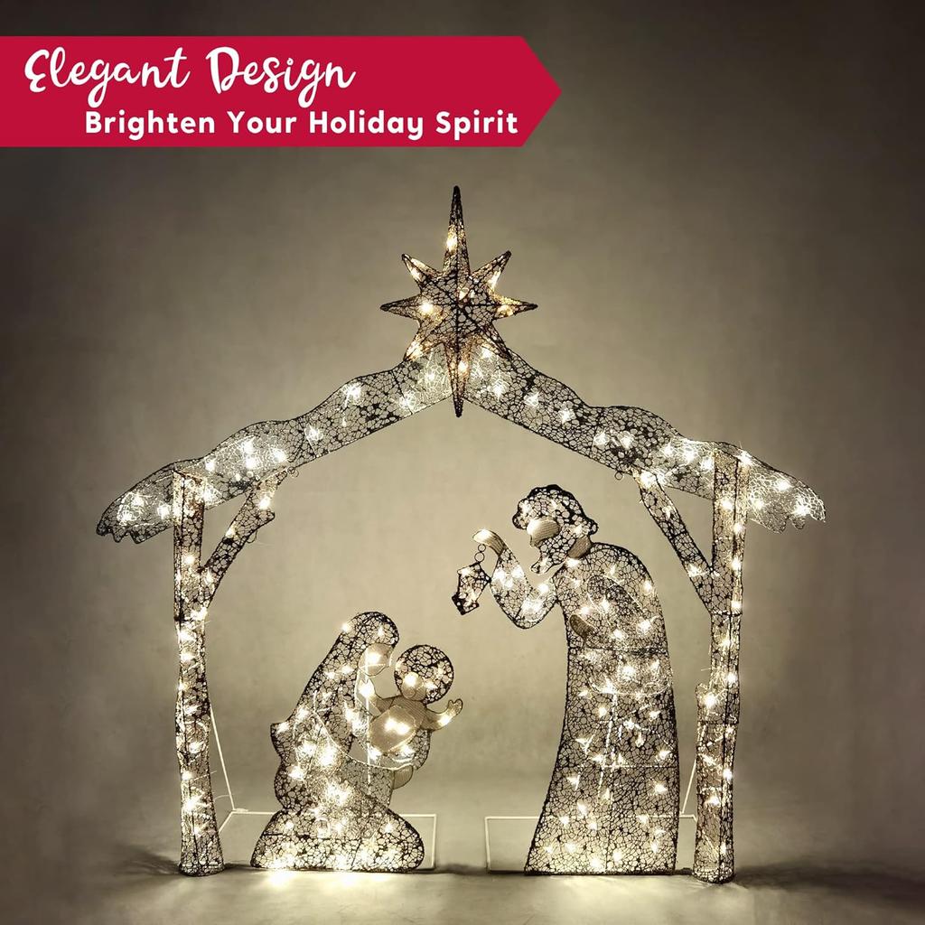 JOYFY 5FT Christmas Nativity Scene Yard Light 160 Pre-Lit LED Warm White Light with Metal Stake for Outdoor Garden Holiday Dcor