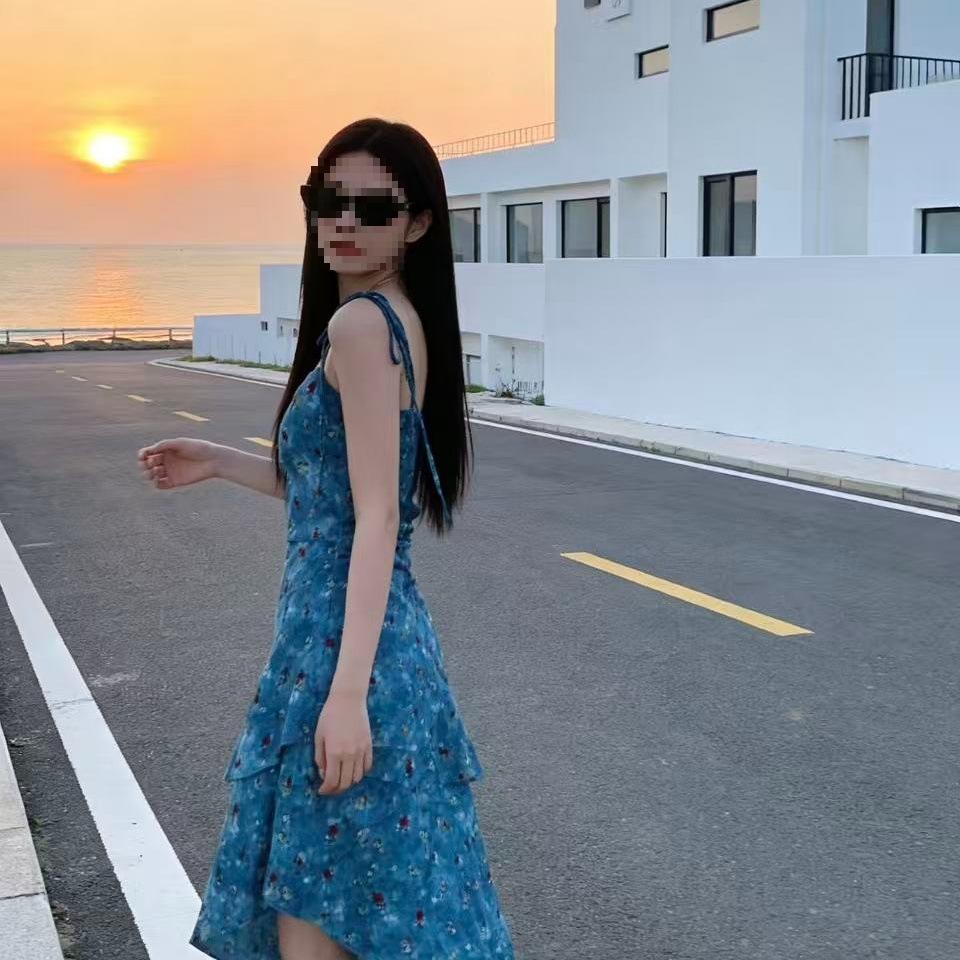 Summer Design Floral Suspender Skirt Suspender Dress New Spice Girl Style Collection Irregular Medium and Long Blue