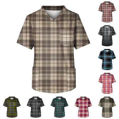 Blusa de trabalho com decote em V e manga curta estampada masculina, bolso no peito, top de cuidador