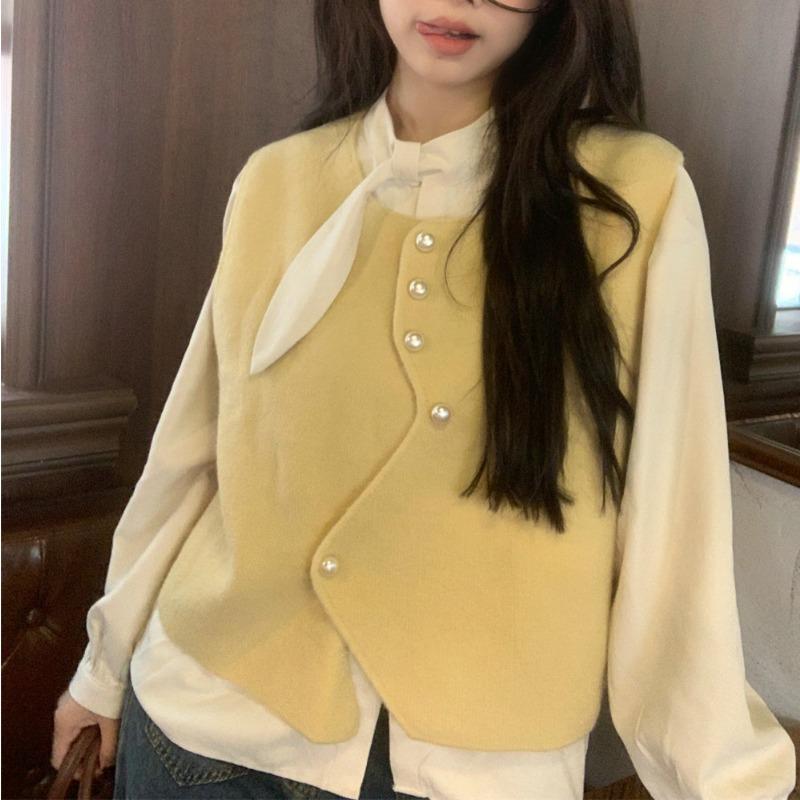 Designed irregular button sweater vest women's winter sleeveless layered solid color sweater vest top