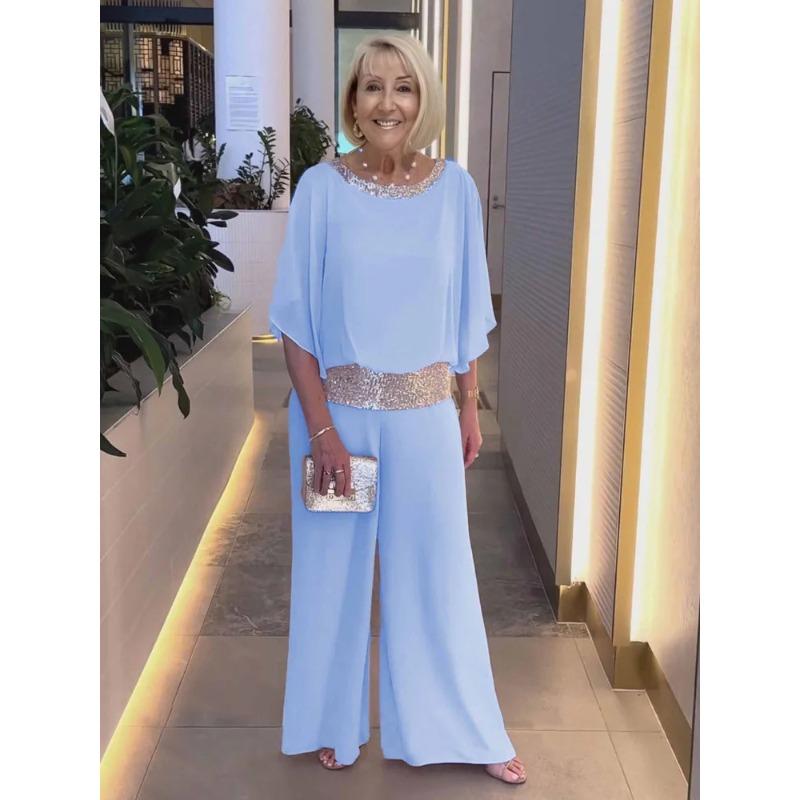 VEZFAA Damen Mode Lässig Sommer Frühling Einfarbige Druck 1/2 Ärmel Rundhals Hosenanzüge