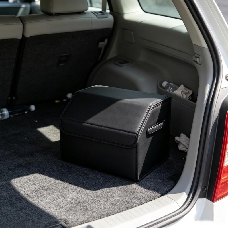Vehicle Trunk Cargo Bin Leather-Look Foldable Storage Box with Divider, Lid, and Side Handles for Groceries and Tools