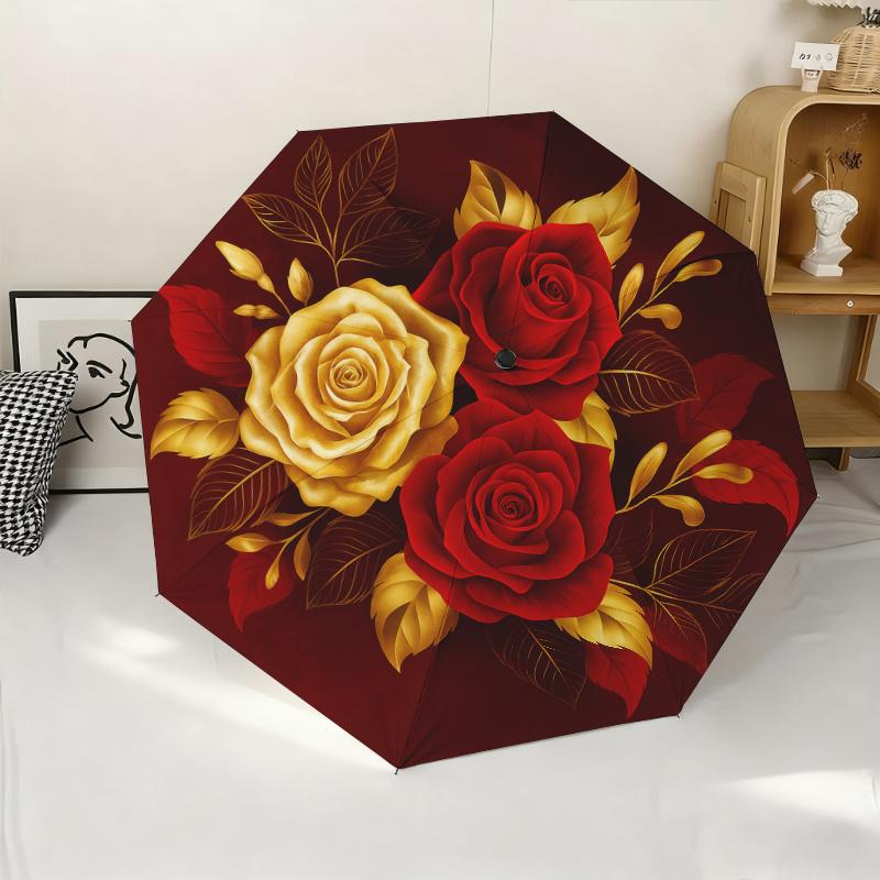 

Elegant Red & Golden Rose Umbrella - Automatic Open/Close, Compact Folding Umbrella with 8-Rib Sturdy Frame, Red & Golden Flor (as the picture,Iron&8K)