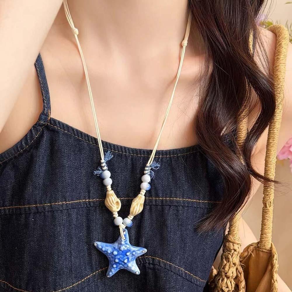 Contrast Color Blue Starfish Collarbone Chain High-end Exquisite Neck Pendant  for Gifts