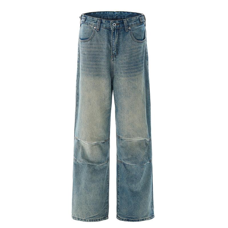 

Прямые джинсы с эффектом стирки для мужчин, драпированный силуэт в стиле ретро, уличный стиль, широкие брюки XXL синий