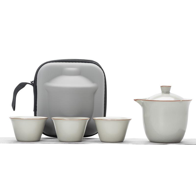 Light luxury Ru kiln open travel tea set outdoor portable one pot three cups high-end business practical